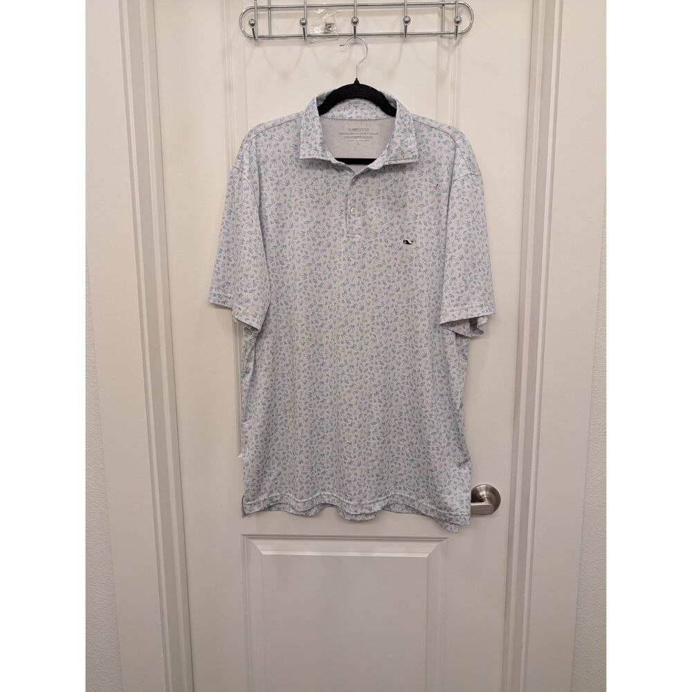 Vineyard Vines On The Go Sankaty Polo Men's Large Blue Tropical Palm Print FLAW